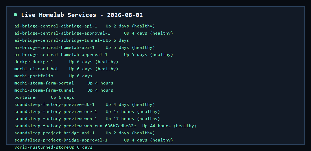 Live homelab service status screenshot