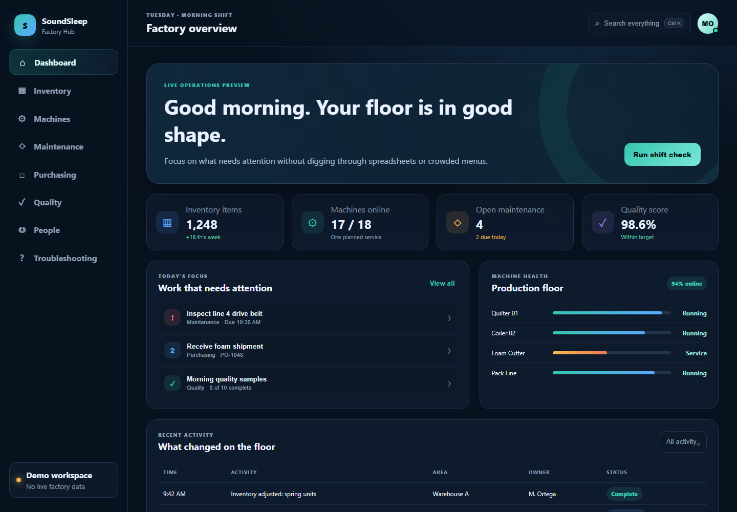 SoundSleep factory dashboard screenshot